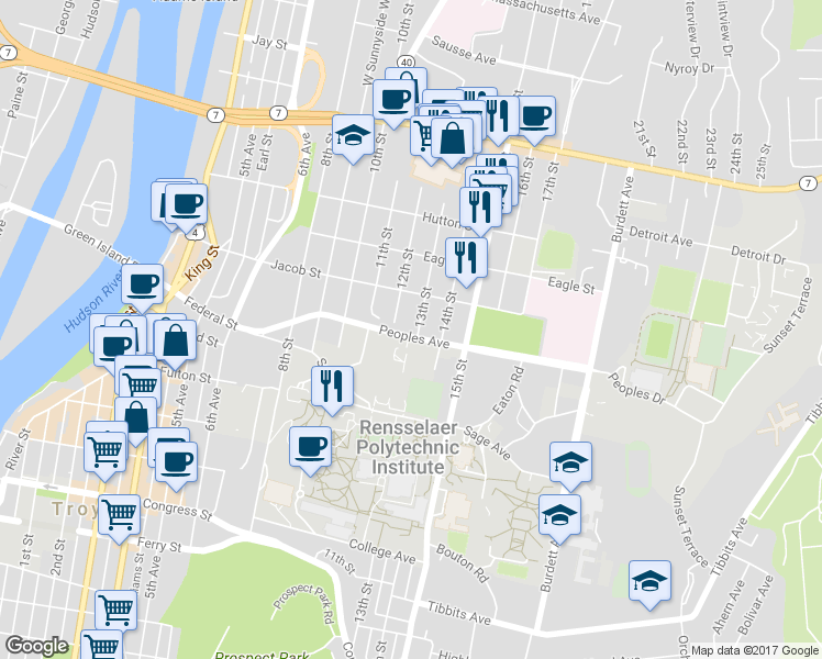 map of restaurants, bars, coffee shops, grocery stores, and more near 2151 13th Street in Troy