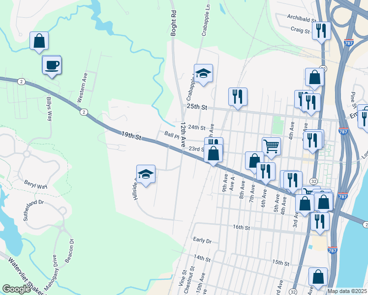 map of restaurants, bars, coffee shops, grocery stores, and more near 12th Avenue & 23rd Street in Watervliet