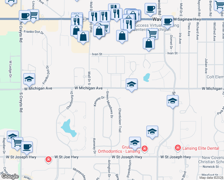 map of restaurants, bars, coffee shops, grocery stores, and more near 5545 West Michigan Avenue in Lansing