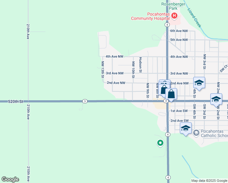 map of restaurants, bars, coffee shops, grocery stores, and more near 101 Northwest 12th Street in Pocahontas