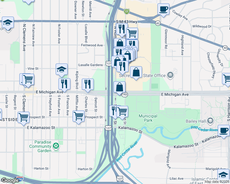 map of restaurants, bars, coffee shops, grocery stores, and more near 2999 East Michigan Avenue in Lansing
