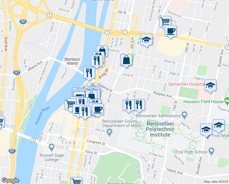 map of restaurants, bars, coffee shops, grocery stores, and more near 659 Federal Street in Troy