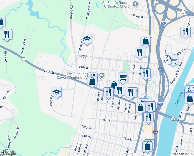 map of restaurants, bars, coffee shops, grocery stores, and more near 2302 10th Avenue in Watervliet