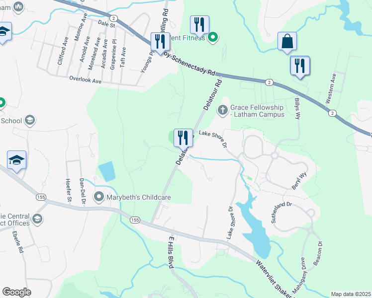 map of restaurants, bars, coffee shops, grocery stores, and more near 40 Delatour Road in Watervliet