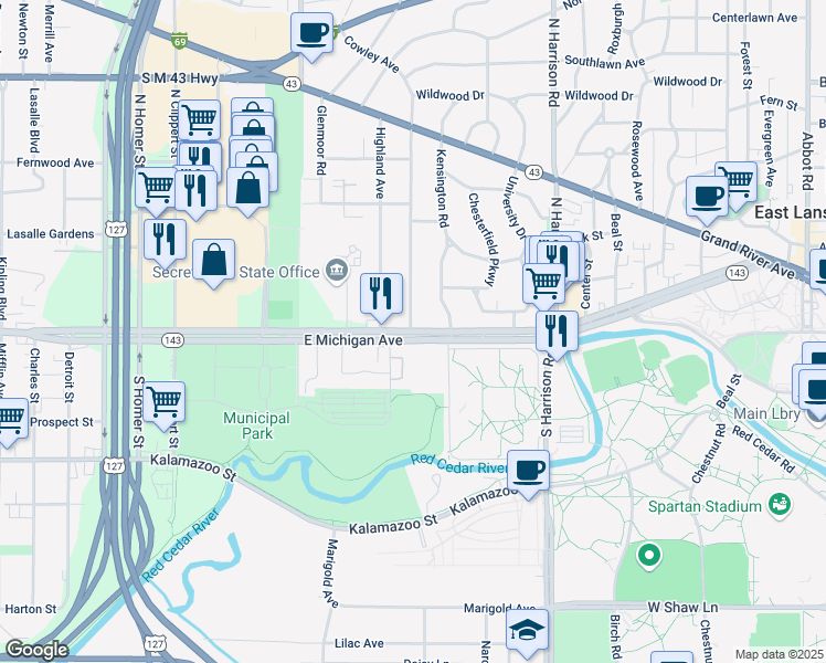map of restaurants, bars, coffee shops, grocery stores, and more near in East Lansing
