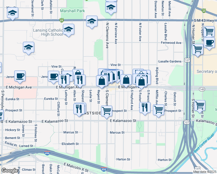 map of restaurants, bars, coffee shops, grocery stores, and more near 2019 East Michigan Avenue in Lansing