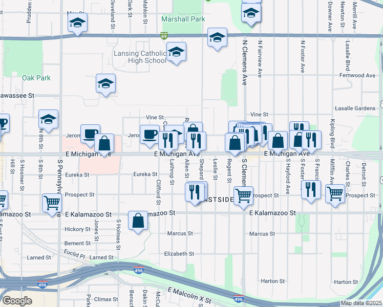 map of restaurants, bars, coffee shops, grocery stores, and more near in Lansing