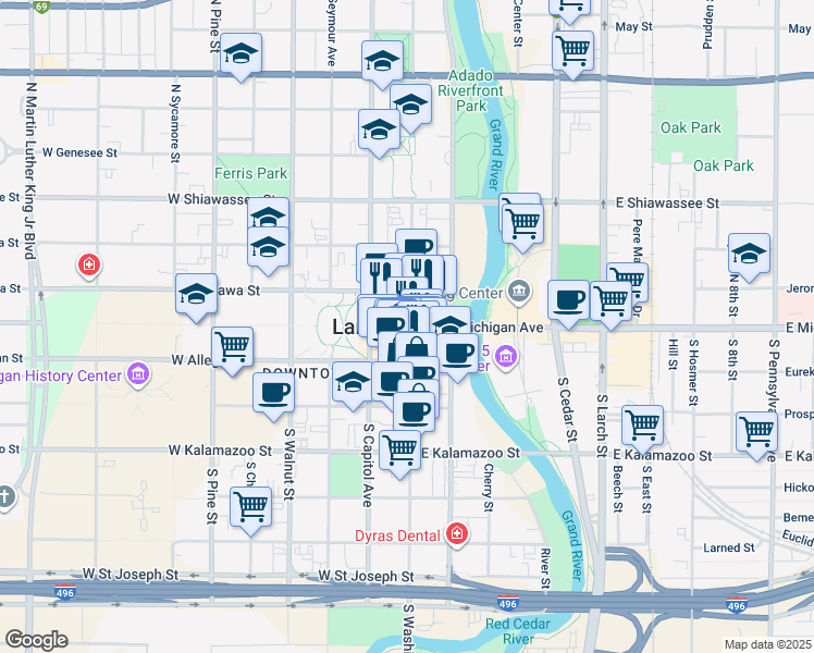 map of restaurants, bars, coffee shops, grocery stores, and more near 120 North Washington Square in Lansing