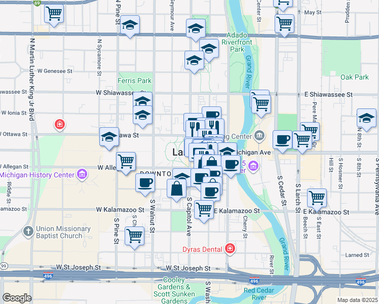 map of restaurants, bars, coffee shops, grocery stores, and more near in Lansing