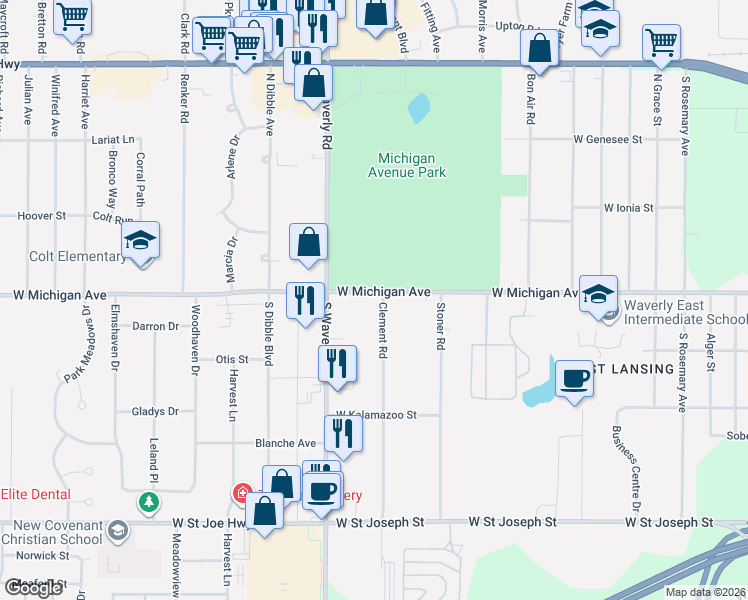 map of restaurants, bars, coffee shops, grocery stores, and more near 3721 West Michigan Avenue in Lansing