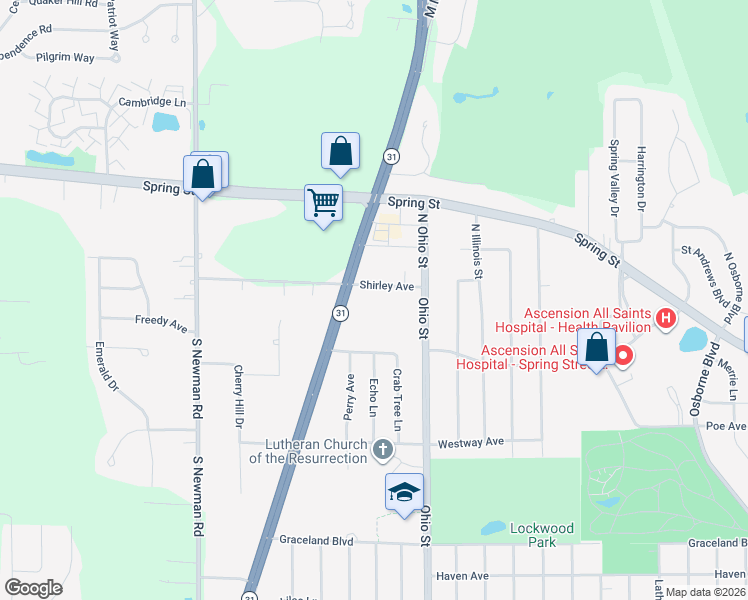 map of restaurants, bars, coffee shops, grocery stores, and more near 21 South Green Bay Road in Mount Pleasant