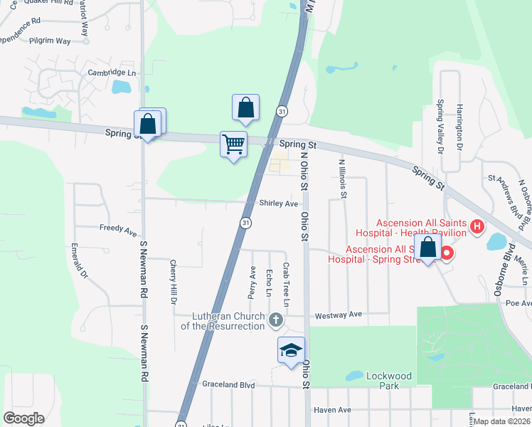 map of restaurants, bars, coffee shops, grocery stores, and more near 21 South Green Bay Road in Mount Pleasant