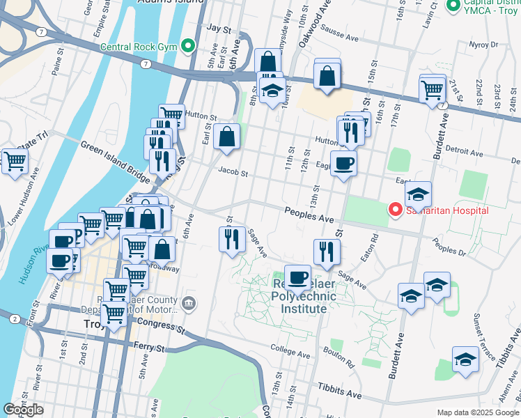 map of restaurants, bars, coffee shops, grocery stores, and more near 911 Peoples Avenue in Troy