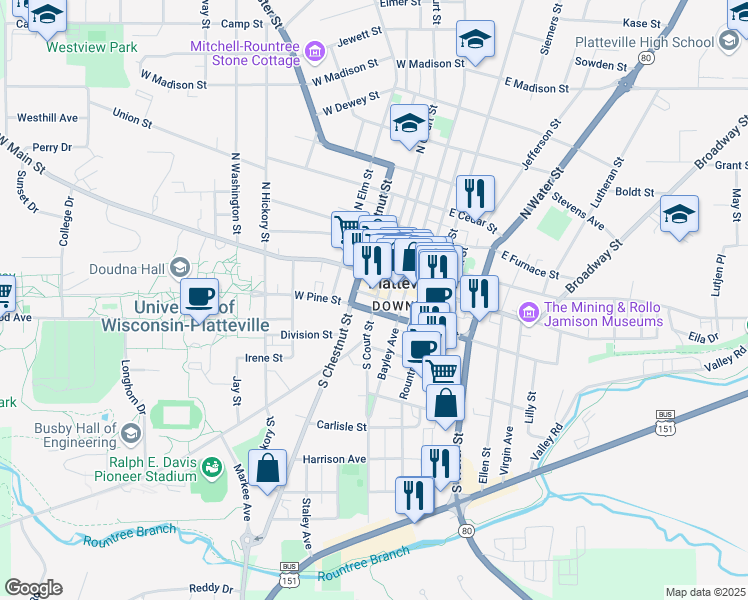 map of restaurants, bars, coffee shops, grocery stores, and more near South Court Street in Platteville