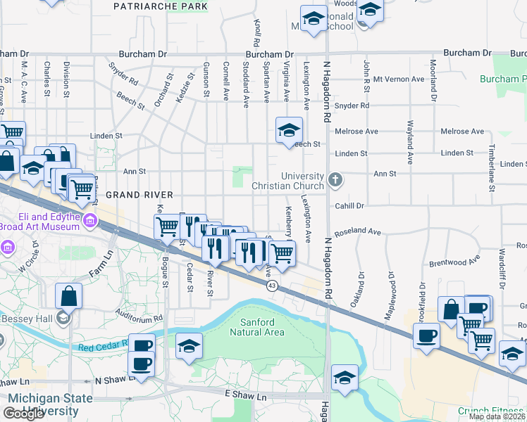 map of restaurants, bars, coffee shops, grocery stores, and more near 229 Spartan Avenue in East Lansing
