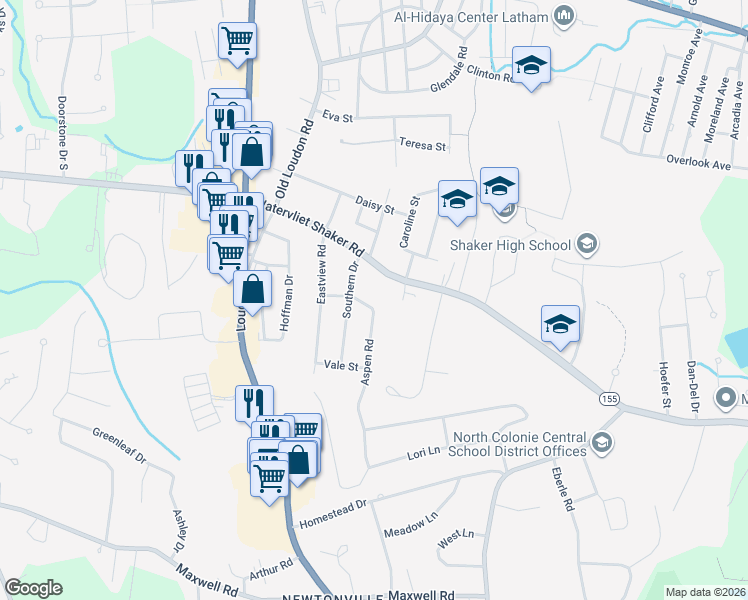 map of restaurants, bars, coffee shops, grocery stores, and more near 35 Aspen Road in Latham