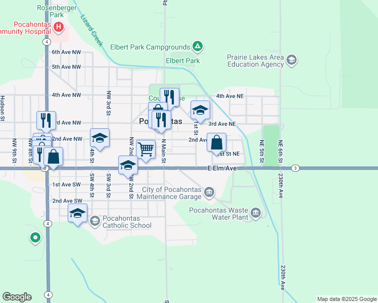 map of restaurants, bars, coffee shops, grocery stores, and more near 26 1st Avenue Northeast in Pocahontas