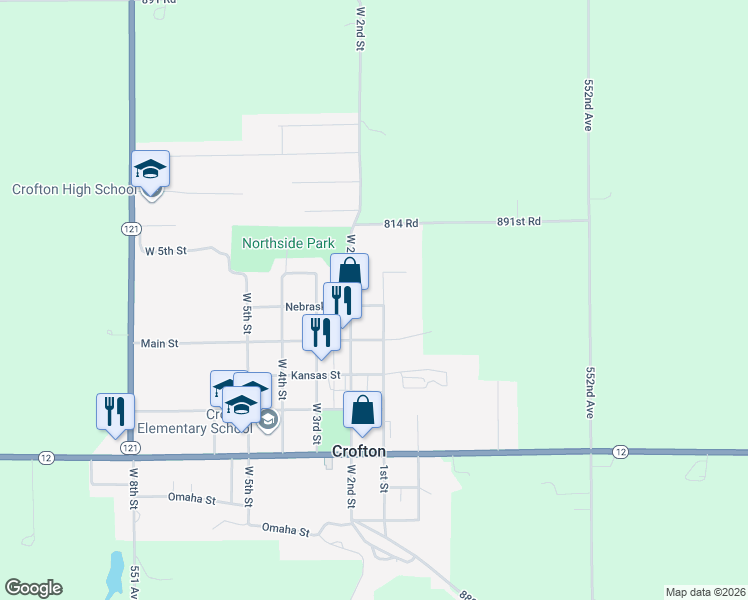 map of restaurants, bars, coffee shops, grocery stores, and more near 105-109 Nebraska St in Crofton