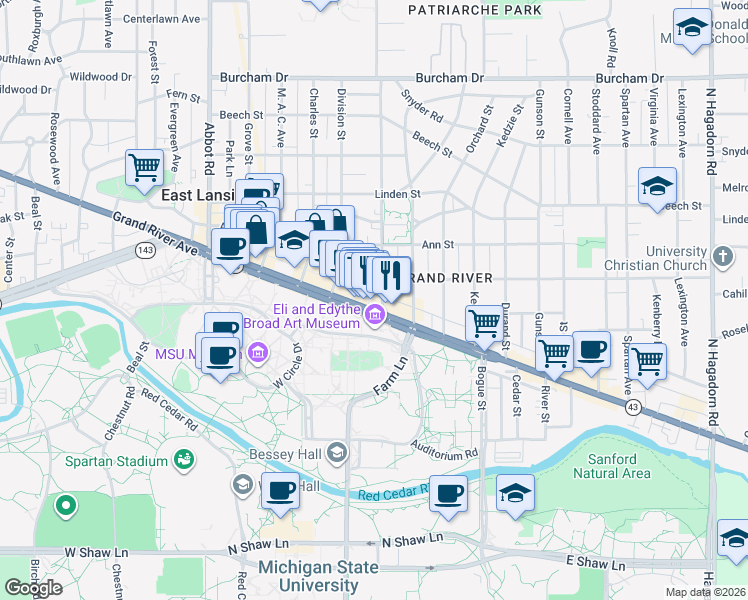 map of restaurants, bars, coffee shops, grocery stores, and more near 549 East Grand River Road in East Lansing