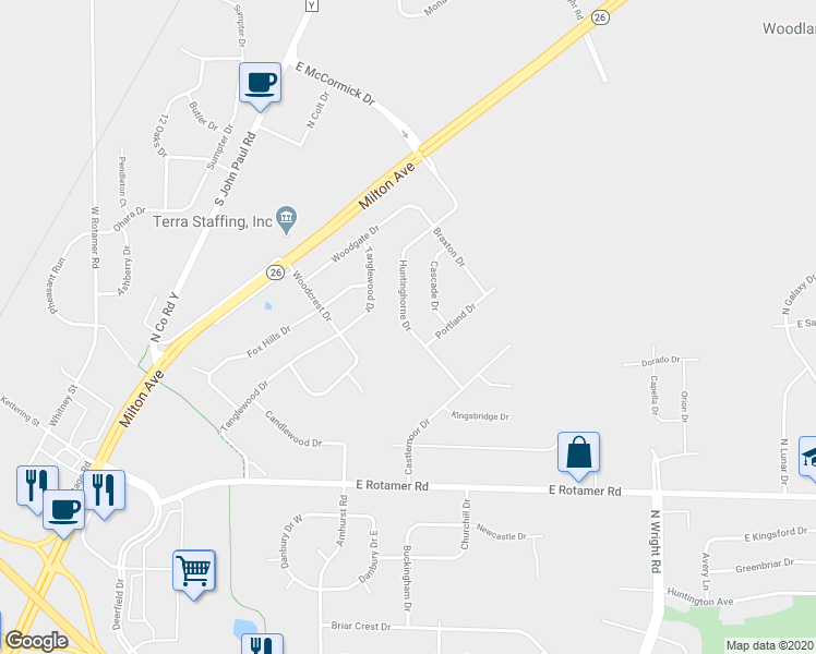 map of restaurants, bars, coffee shops, grocery stores, and more near 4327 Huntinghorne Dr in Janesville