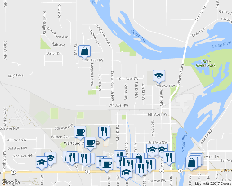 map of restaurants, bars, coffee shops, grocery stores, and more near 906 Cedar River Drive in Waverly