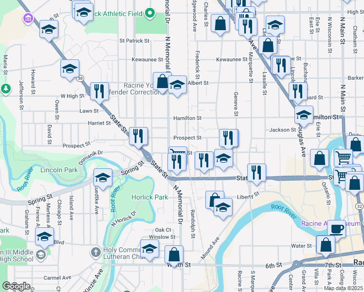 map of restaurants, bars, coffee shops, grocery stores, and more near 1524 West Street in Racine