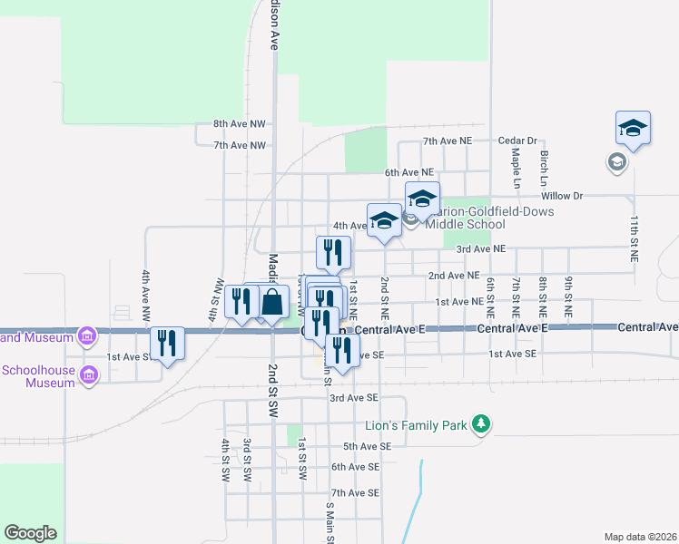 map of restaurants, bars, coffee shops, grocery stores, and more near 121 2nd Avenue Northeast in Clarion