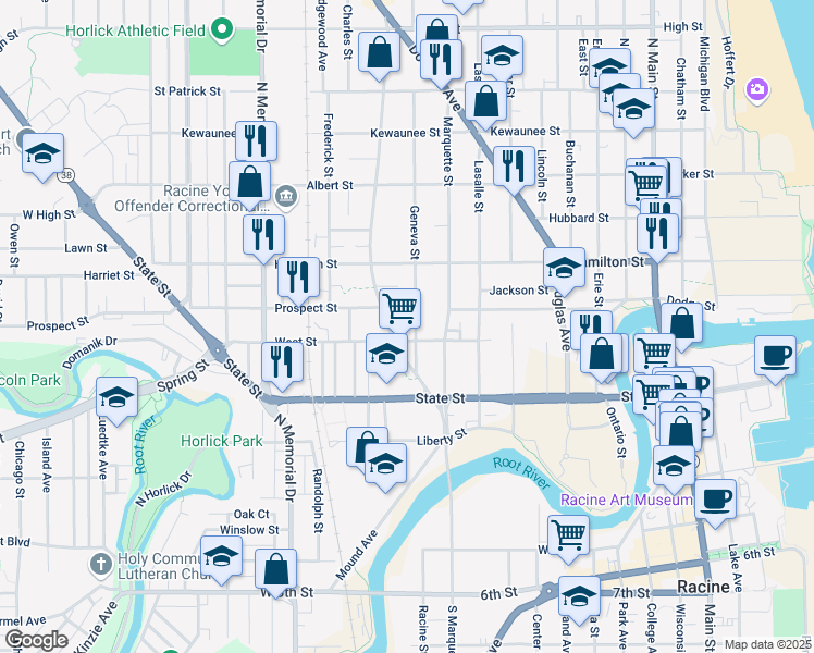 map of restaurants, bars, coffee shops, grocery stores, and more near in Racine