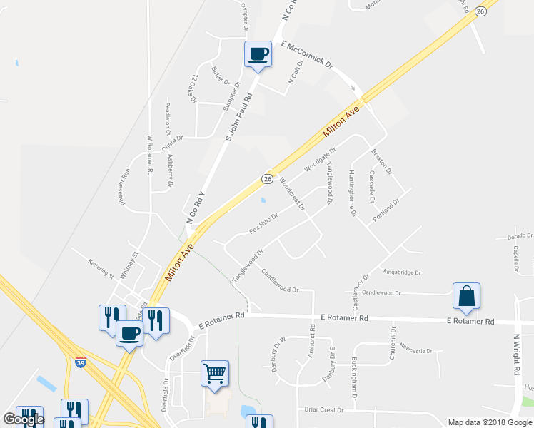 map of restaurants, bars, coffee shops, grocery stores, and more near 4363 Fox Hills Drive in Janesville