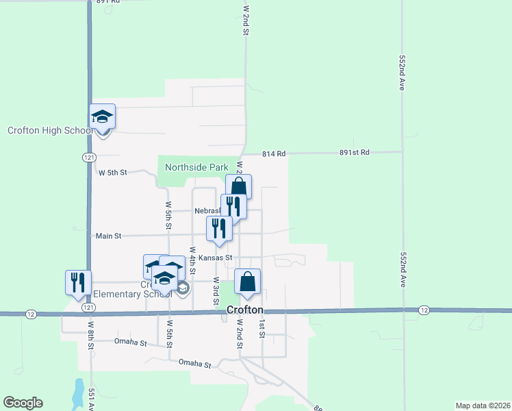 map of restaurants, bars, coffee shops, grocery stores, and more near 105 Nebraska Street in Crofton