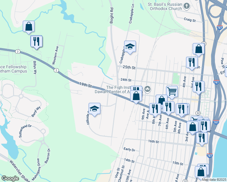 map of restaurants, bars, coffee shops, grocery stores, and more near 1901 12th Avenue in Watervliet