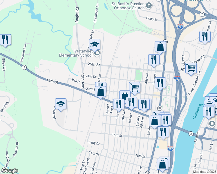 map of restaurants, bars, coffee shops, grocery stores, and more near 821 23rd Street in Watervliet