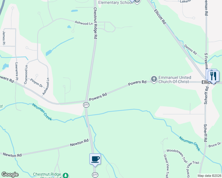 map of restaurants, bars, coffee shops, grocery stores, and more near 6604 Powers Road in Orchard Park