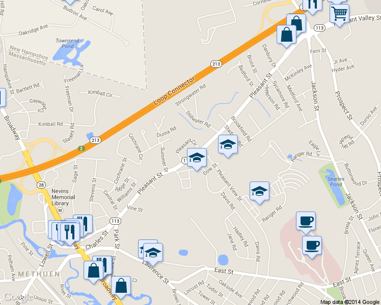 map of restaurants, bars, coffee shops, grocery stores, and more near 110 Pleasant Street in Methuen