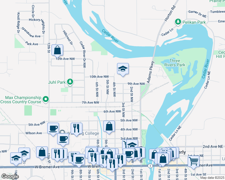 map of restaurants, bars, coffee shops, grocery stores, and more near 900 5th Street Northwest in Waverly
