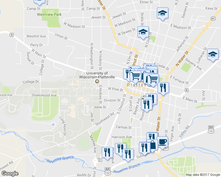 map of restaurants, bars, coffee shops, grocery stores, and more near 385 West Pine Street in Platteville