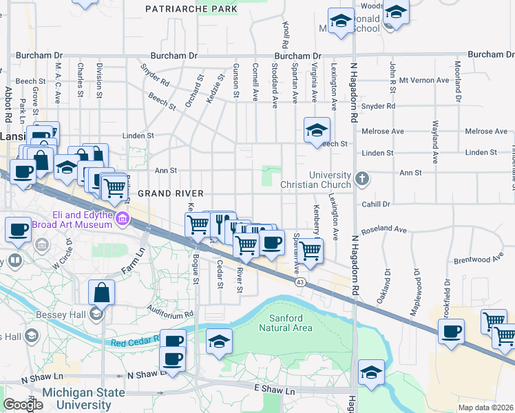 map of restaurants, bars, coffee shops, grocery stores, and more near 200 Milford Street in East Lansing