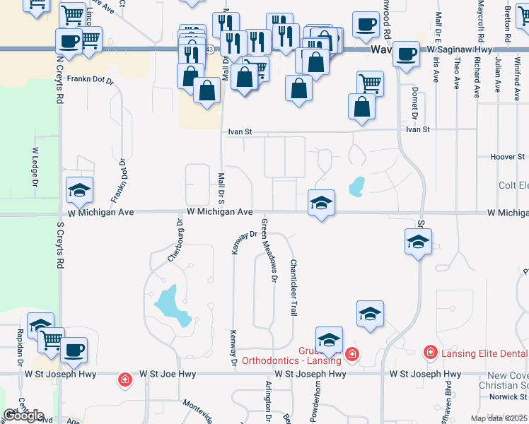 map of restaurants, bars, coffee shops, grocery stores, and more near 5601 West Michigan Avenue in Lansing
