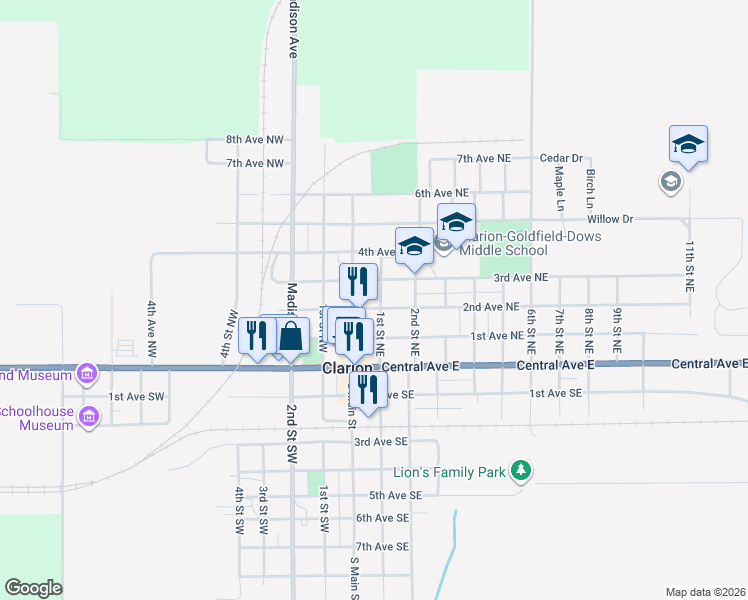 map of restaurants, bars, coffee shops, grocery stores, and more near 121 2nd Avenue Northeast in Clarion
