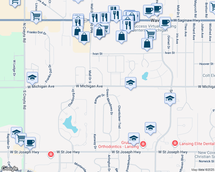 map of restaurants, bars, coffee shops, grocery stores, and more near 5601 West Michigan Avenue in Lansing