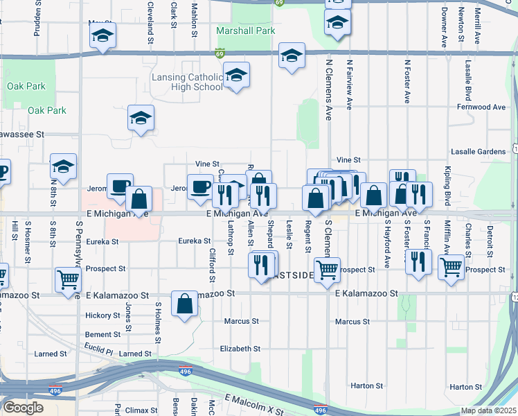 map of restaurants, bars, coffee shops, grocery stores, and more near in Lansing