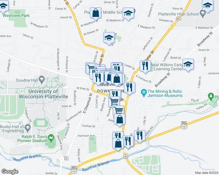 map of restaurants, bars, coffee shops, grocery stores, and more near in Platteville