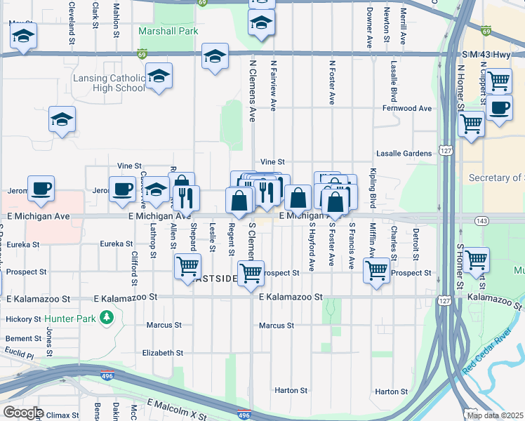 map of restaurants, bars, coffee shops, grocery stores, and more near 2019 East Michigan Avenue in Lansing