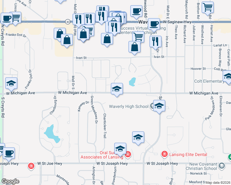 map of restaurants, bars, coffee shops, grocery stores, and more near 5503 West Michigan Avenue in Lansing