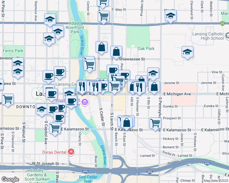map of restaurants, bars, coffee shops, grocery stores, and more near in Lansing