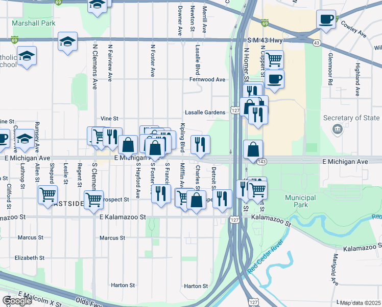 map of restaurants, bars, coffee shops, grocery stores, and more near 2615 East Michigan Avenue in Lansing