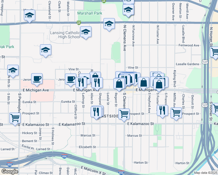 map of restaurants, bars, coffee shops, grocery stores, and more near 1805 East Michigan Avenue in Lansing