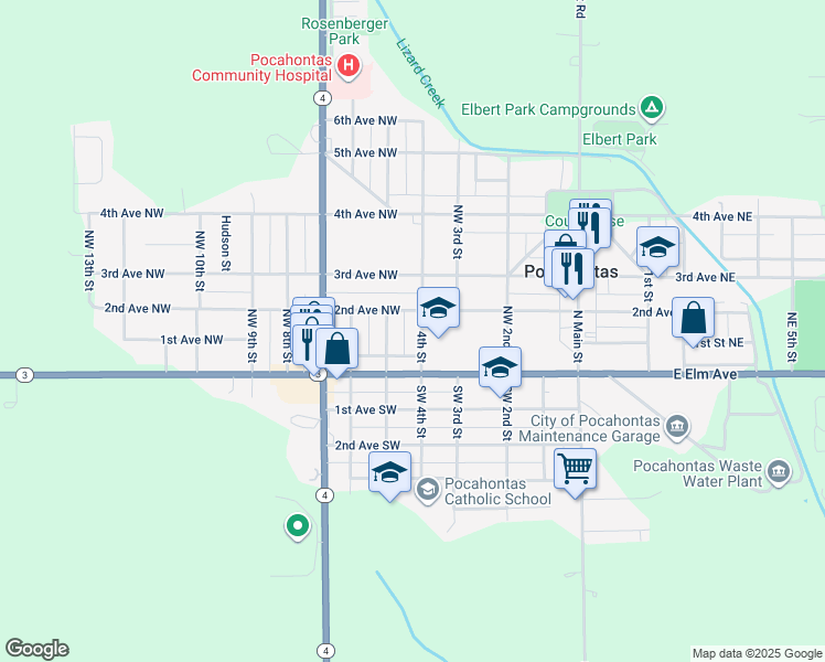 map of restaurants, bars, coffee shops, grocery stores, and more near 105 Northwest 4th Street in Pocahontas