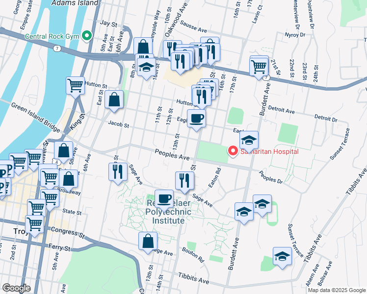 map of restaurants, bars, coffee shops, grocery stores, and more near 2165 14th Street in Troy