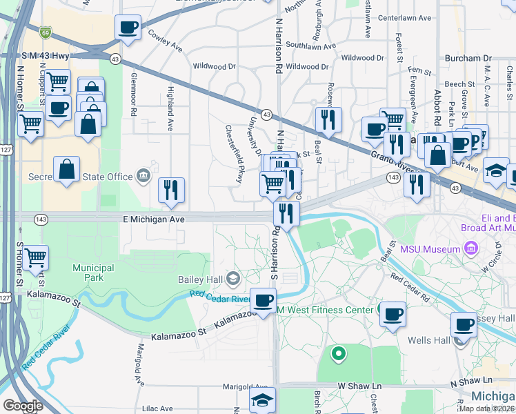 map of restaurants, bars, coffee shops, grocery stores, and more near 906 East Michigan Avenue in East Lansing